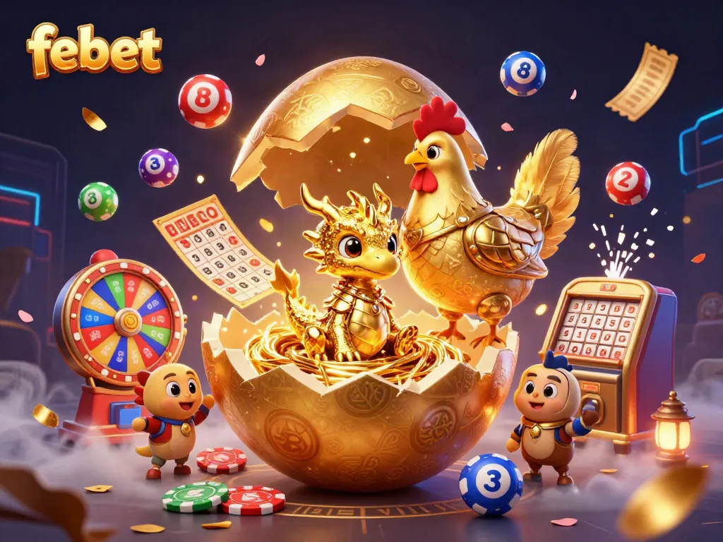 Experience thrilling gameplay with febet's colossal golden egg revealing a golden dragon and colorful lottery elements.