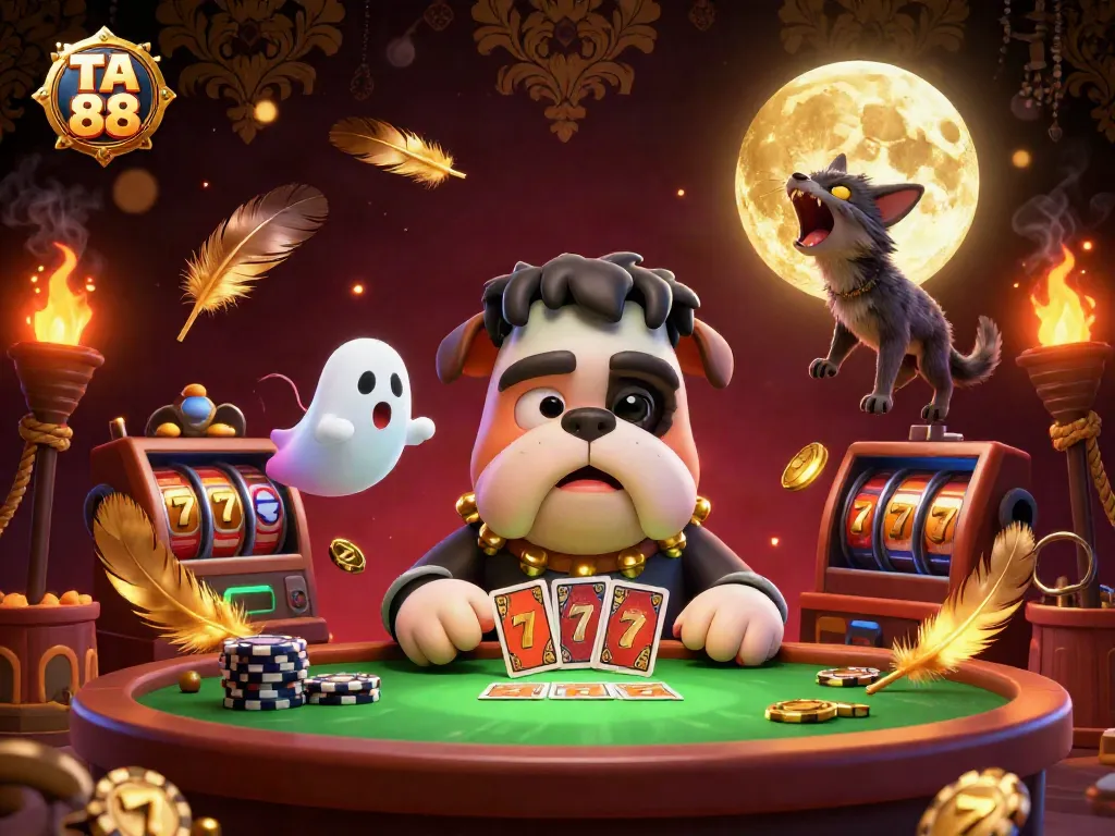 Engage in thrilling gameplay at TA 88, where a Frankenstein bulldog deals cards amidst casino excitement.