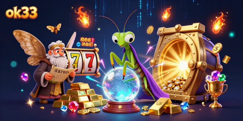 Experience the magic of ok33 with a cartoon fortune teller and treasures in an enchanting casino scene.