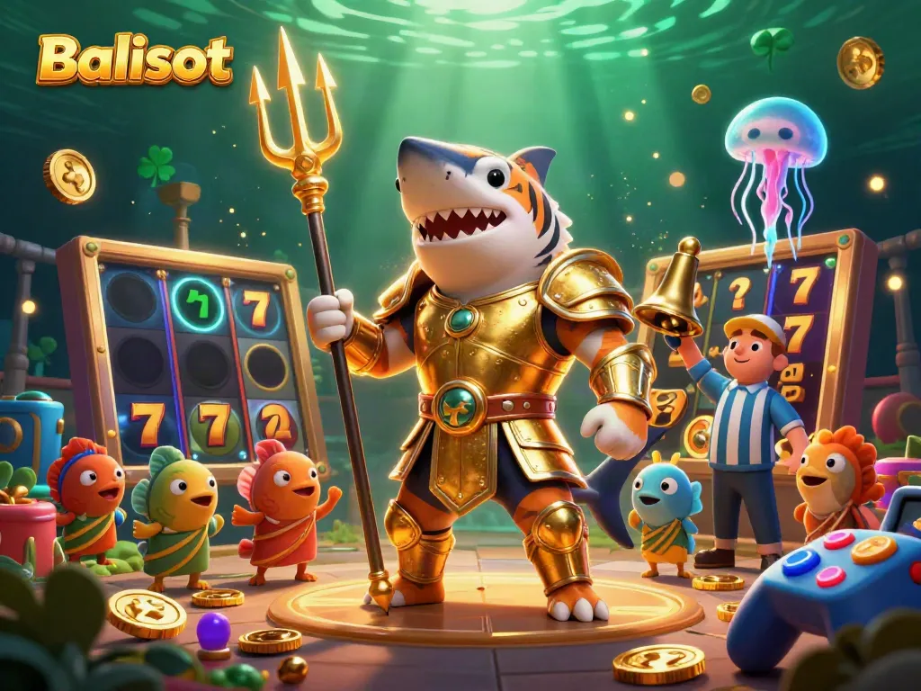 Experience Balislot's thrilling casino adventure with a trident-wielding shark and exciting slot reels.
