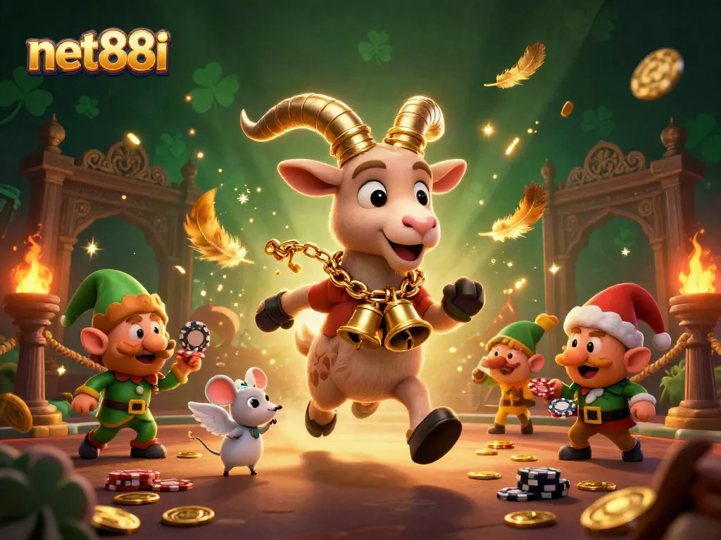 Experience the thrill at net88i with a vibrant cartoon scene of festive characters in a dynamic casino setting.