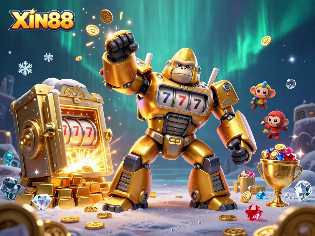 Experience thrilling play with XIN88 featuring a dynamic golden gorilla mech and dazzling casino treasures.