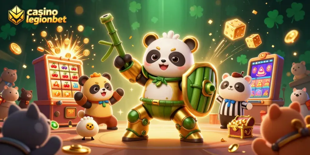 Experience excitement at casino legionbet with a golden panda in a lively gaming arena.