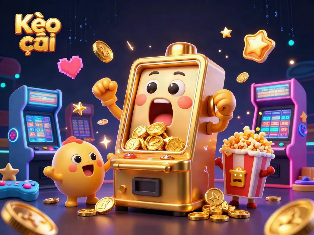 Kèo nhà cái showcases a lively 3D slot machine hitting the jackpot, surrounded by cheering friends and vibrant game elements.