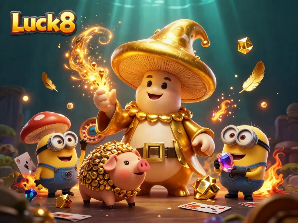 Experience the magic at Luck8 with a golden mushroom wizard, treasure, and casino excitement.
