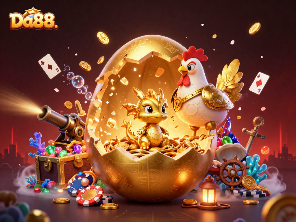 Engage in thrilling adventures at Da88. Unveil a golden dragon emerging from poker chips amidst vibrant casino elements.