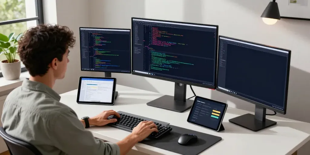 Dynamic office setup showcasing sponsored software articles with professional developer coding and collaborating in a modern environment.