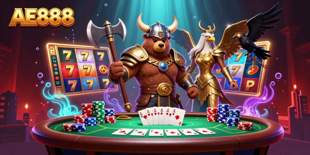 Experience thrilling gameplay at AE888 with a Viking bear and Valkyrie eagle amidst dynamic slot reels and a vibrant poker scene.