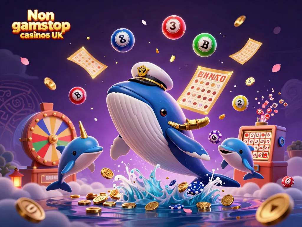 Engage with vibrant scenes of Non gamstop casinos UK featuring a playful whale, narwhal, and dolphins.
