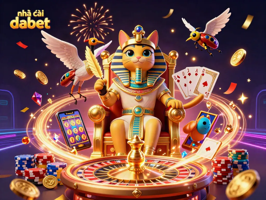 Engage with nhà cái dabet featuring a pharaoh cat, casino elements, and vibrant animations.