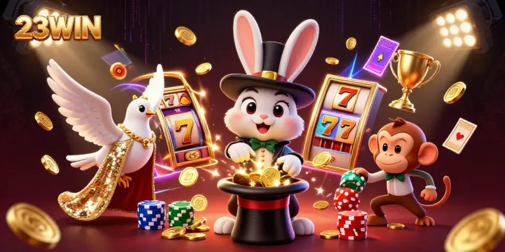 Experience the excitement of 23WIN with a vibrant 3D illustration depicting a magician rabbit pulling coins, encapsulating casino thrills.