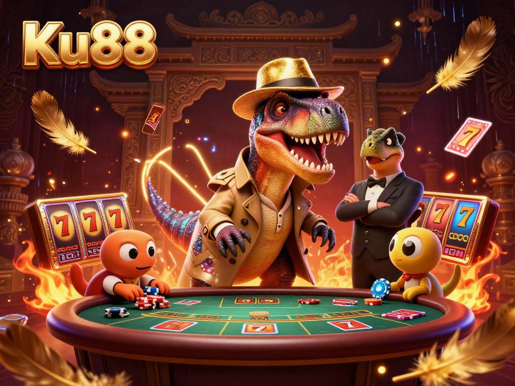 Experience thrilling games at Ku88 with a velociraptor card counter and stegosaurus pit boss in this vivid casino scene.