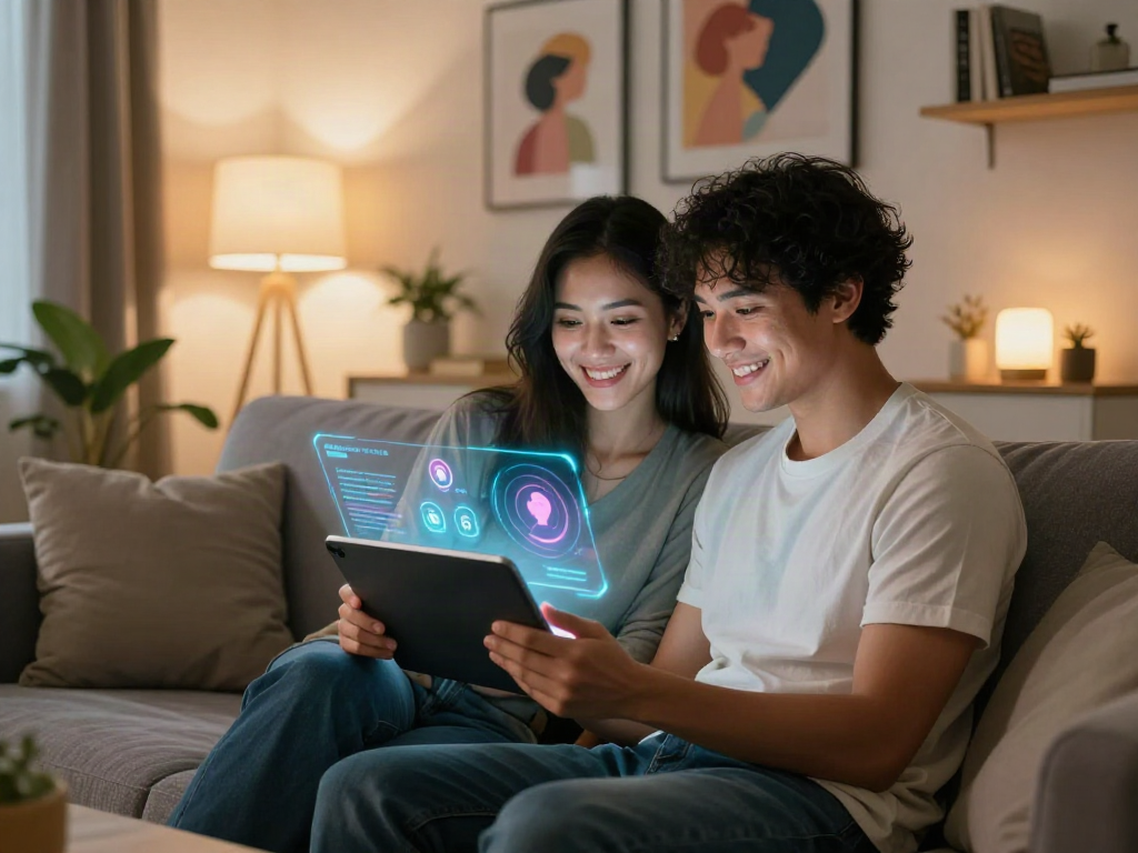Couple exploring AI sex technology on a tablet, representing modern relationships and emotional support.