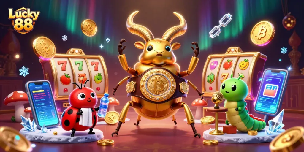 Experience the excitement of Lucky 88 with vibrant slots, glowing coins, and engaging characters.