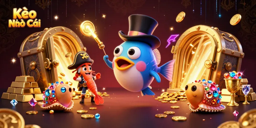 Engage with Kèo Nhà Cái as a cartoon anglerfish attracts golden coins amidst vivid treasure elements