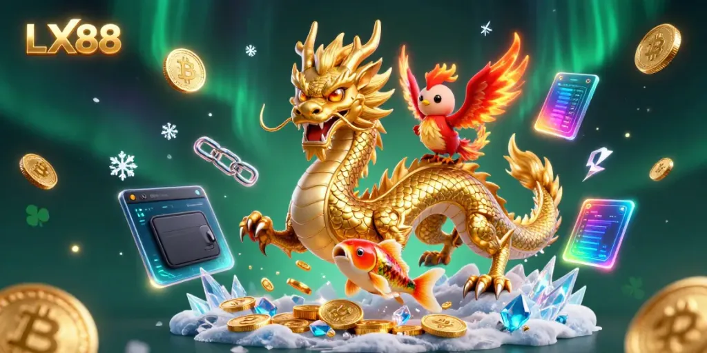 Experience the enchanting LX88 dragon while winning in a vibrant casino fantasy scene.