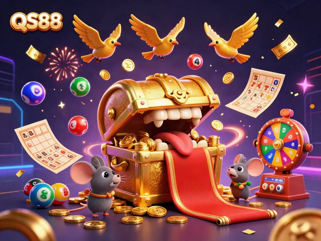 Play and win at QS88 with a vibrant illustration showcasing a treasure chest, lucky mice, and colorful lottery elements.