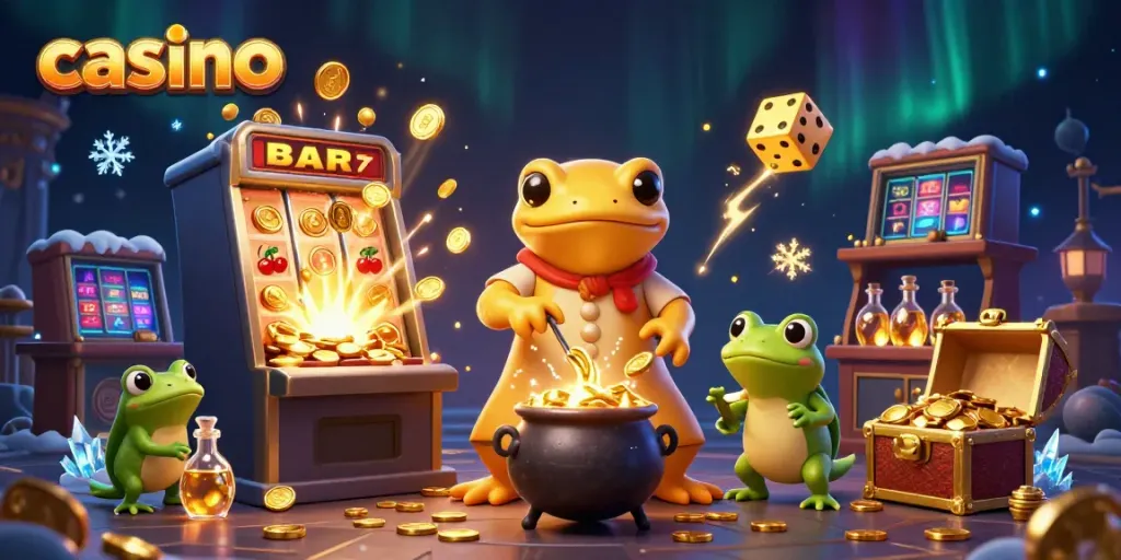 Join in the excitement of casino gameplay with animated alchemists and magical treasures in a vibrant scene.