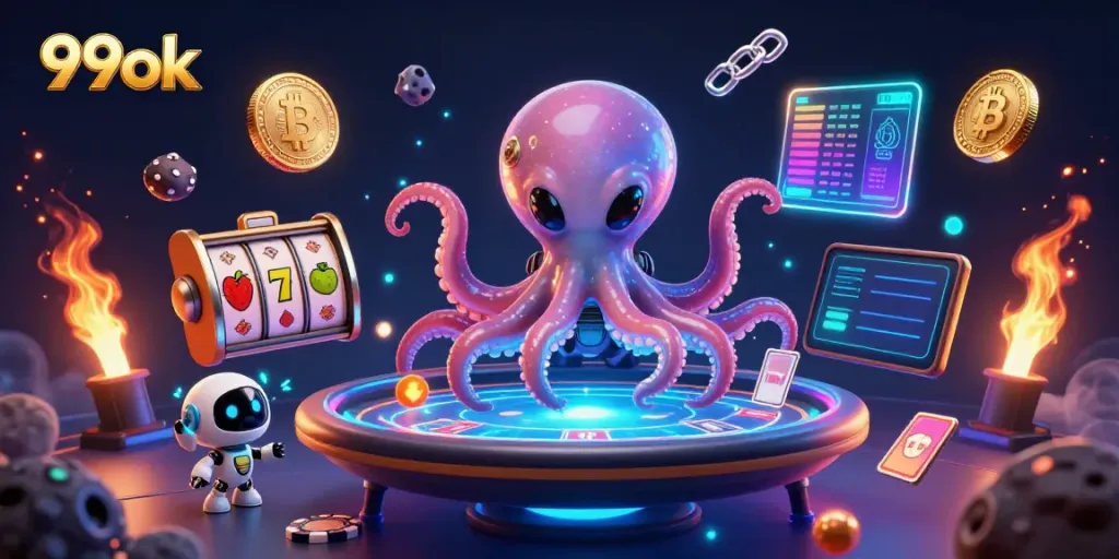 Engage in thrilling gameplay with 99ok at a holographic poker table in an alien casino setting.
