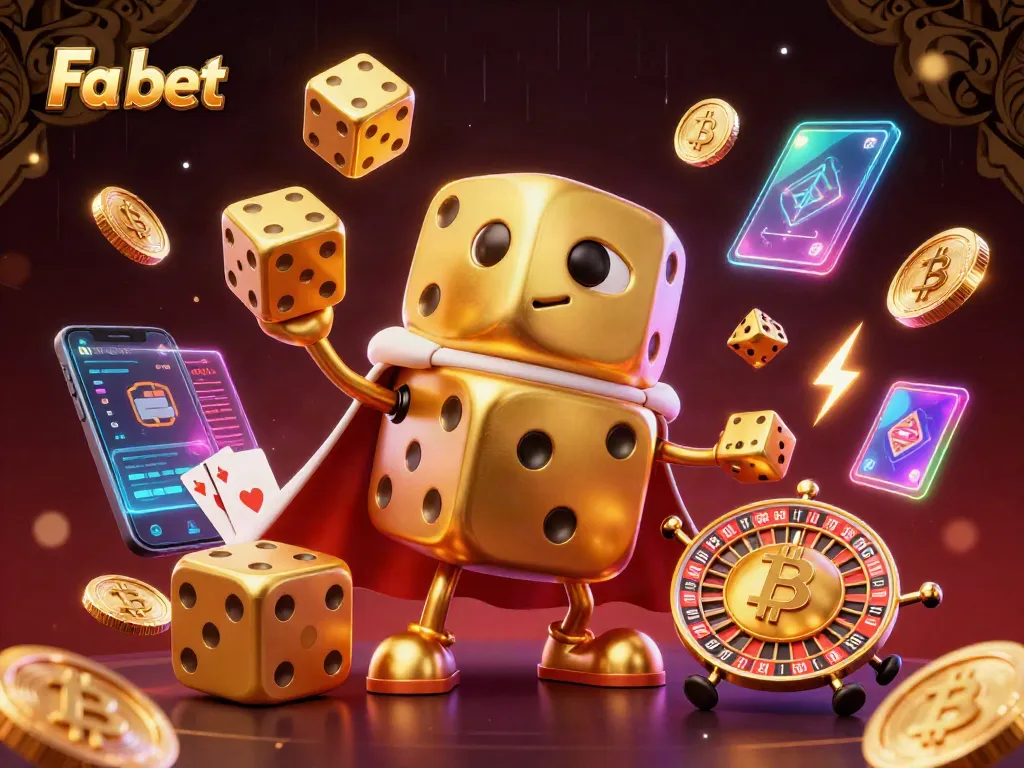 Play exciting games at Fa bet with golden dice and cryptocurrency elements in a vibrant casino setting.