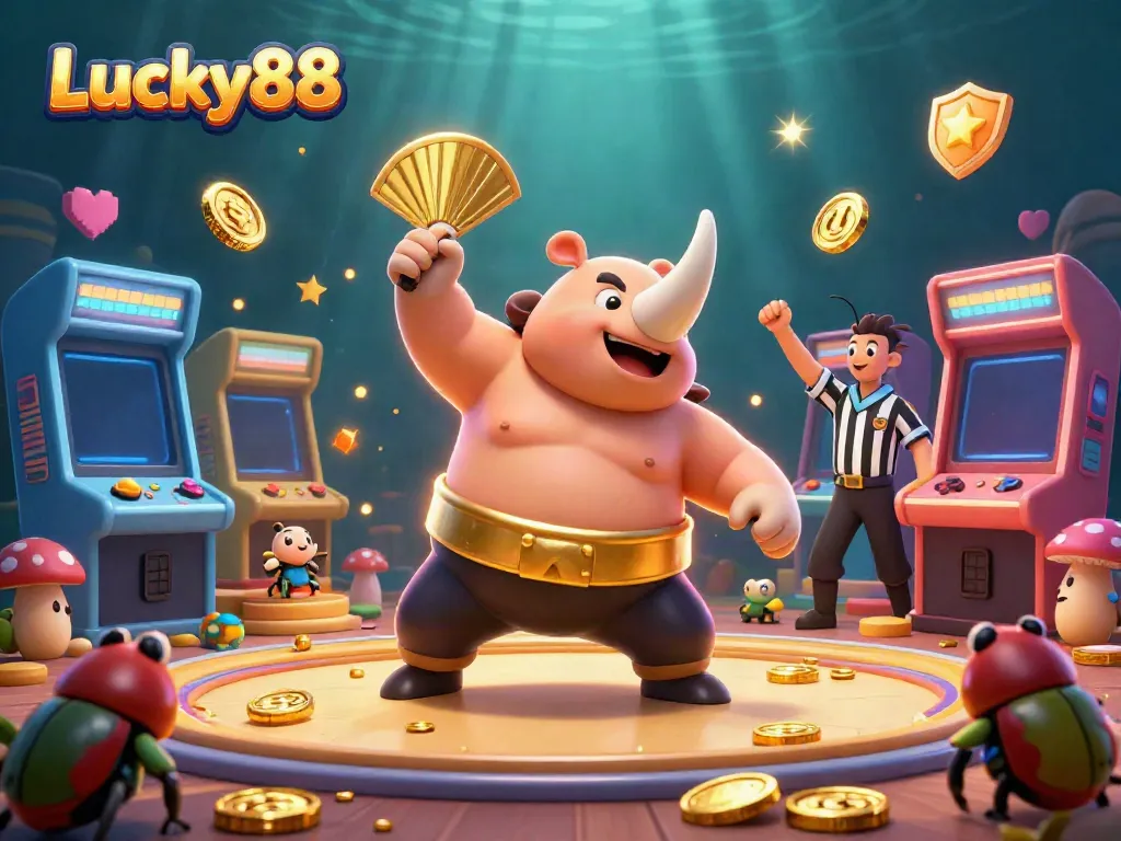 Experience the excitement of Lucky88 with a dynamic illustration of a sumo beetle champion amidst vibrant gaming elements and golden coins.