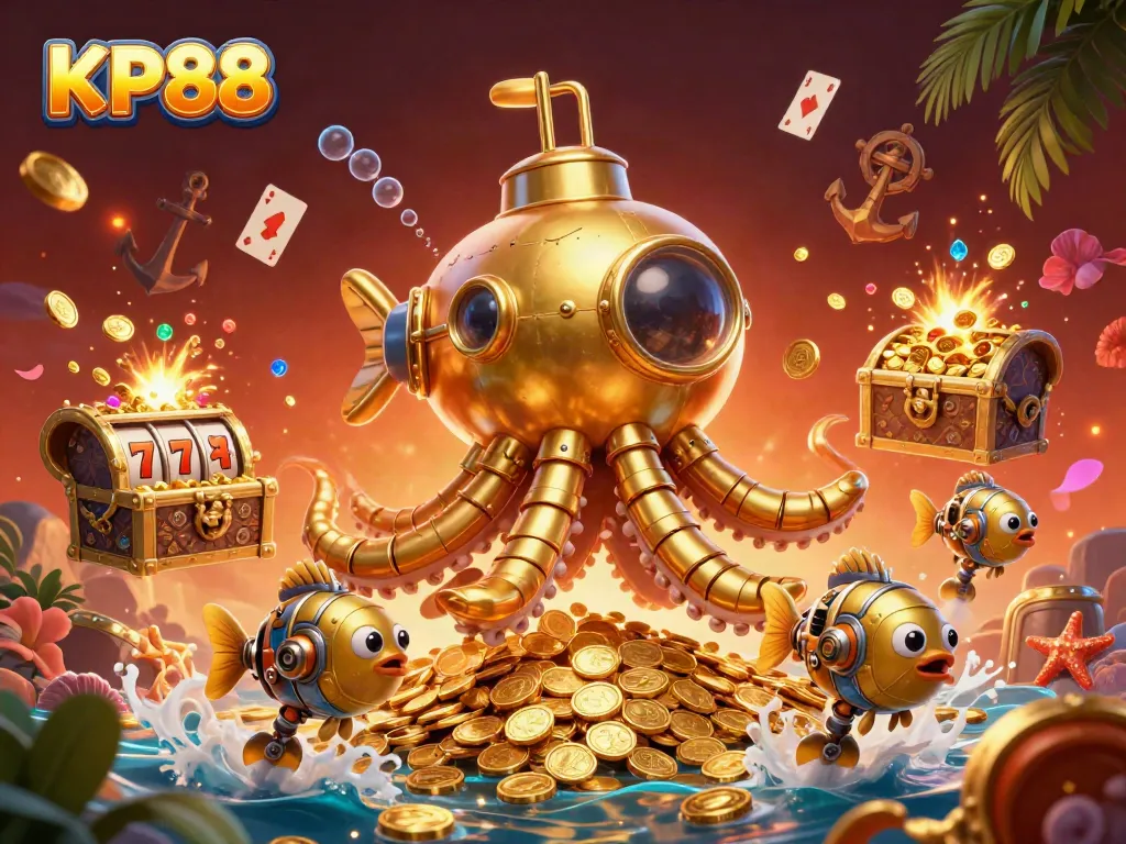Experience KP88 with a vibrant casino scene featuring a golden kraken amidst slot machine elements and treasures.