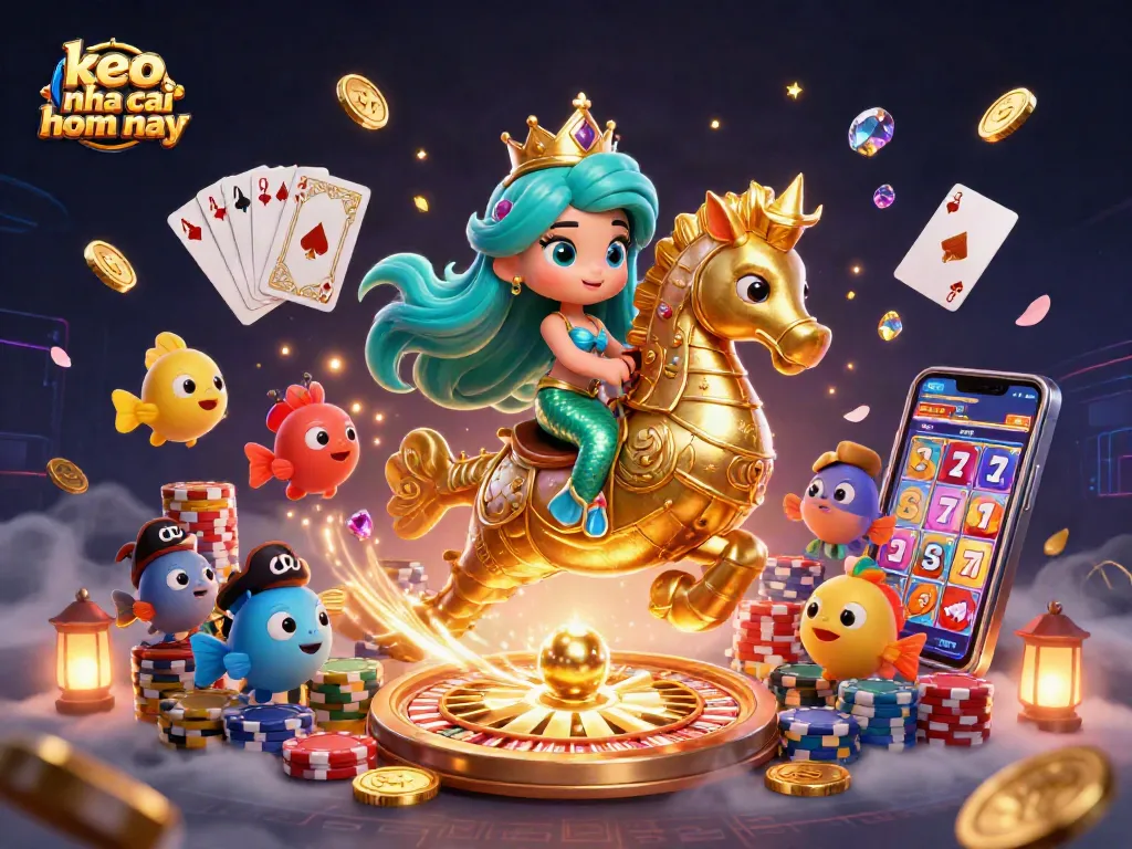 Engaging scene showcasing the exciting world of keo nha cai hom nay with a mermaid, seahorse, and casino elements.