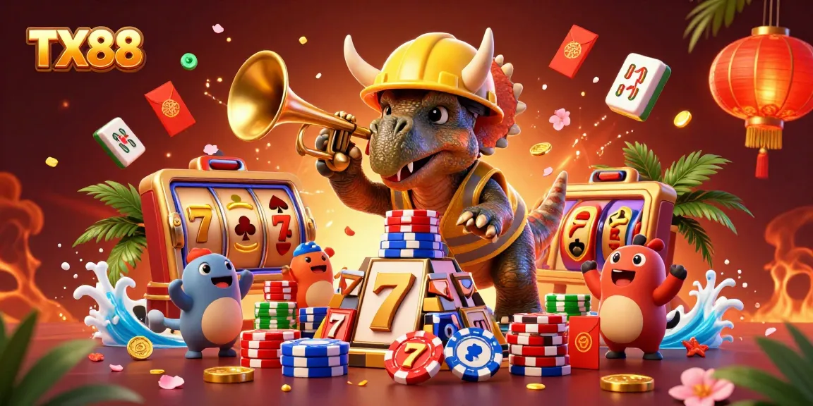 TX88 slots triumph as triceratops builds poker chip pyramid in a vibrant casino-themed celebration.
