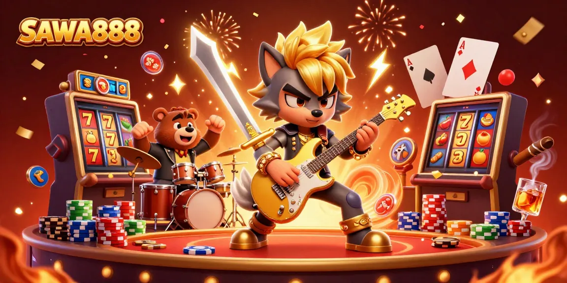 Join the exciting action at SAWA888 as a rock star wolf shreds guitar amid colorful slots and poker chips!