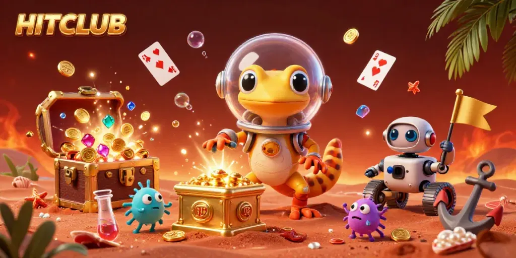 Exciting HITCLUB gaming scene with a Martian gecko in a colorful casino, treasure exploding around.