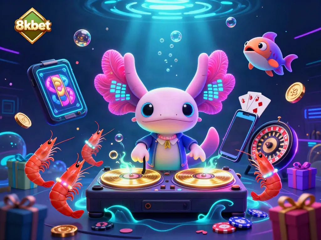 Experience 8kbet's vibrant casino energy with a neon axolotl DJ and dynamic gaming elements.