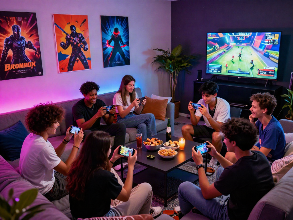 Friends enjoying a mobile porn game on smartphones in a vibrant gaming lounge.