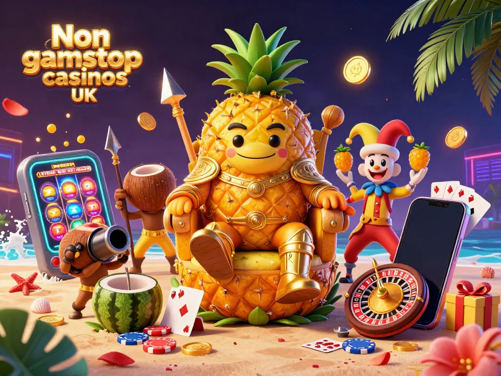 Experience vibrant gameplay at Non gamstop casinos UK with a tropical beach casino scene filled with fun characters and gaming elements.