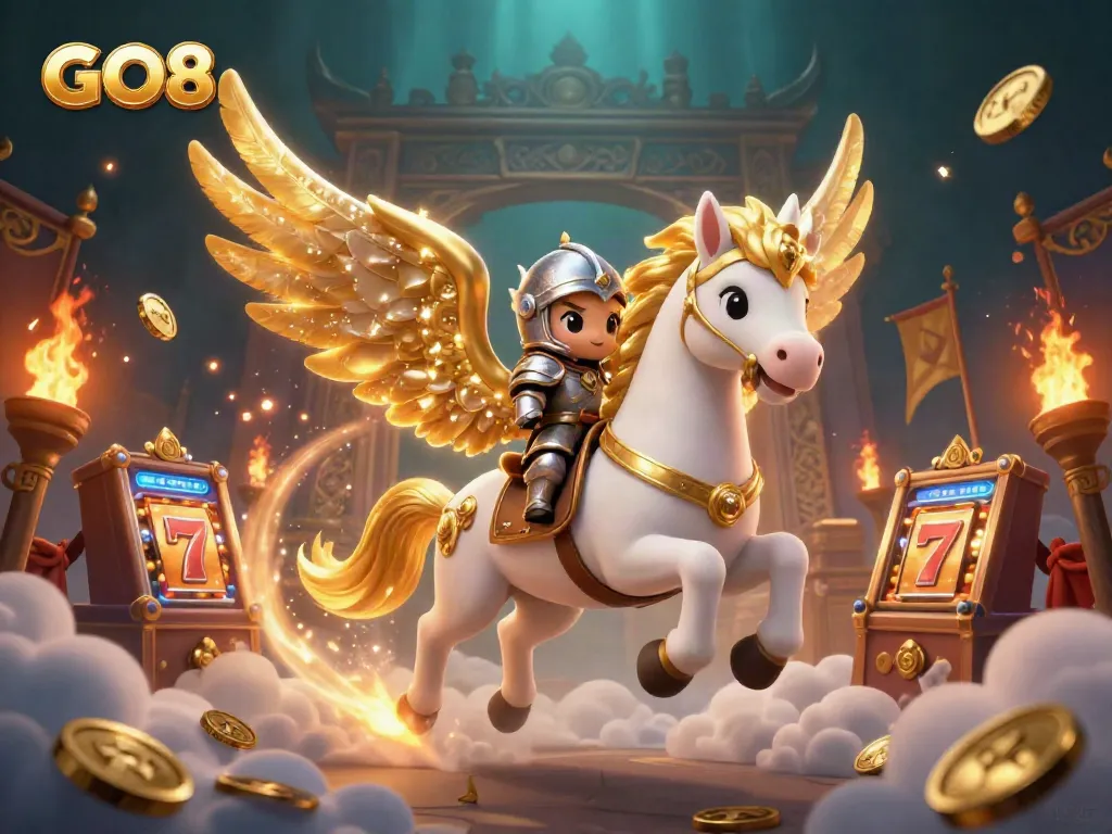 Experience the thrill of the GO8 casino with golden wings and a lucky knight amidst slot machines and treasure.