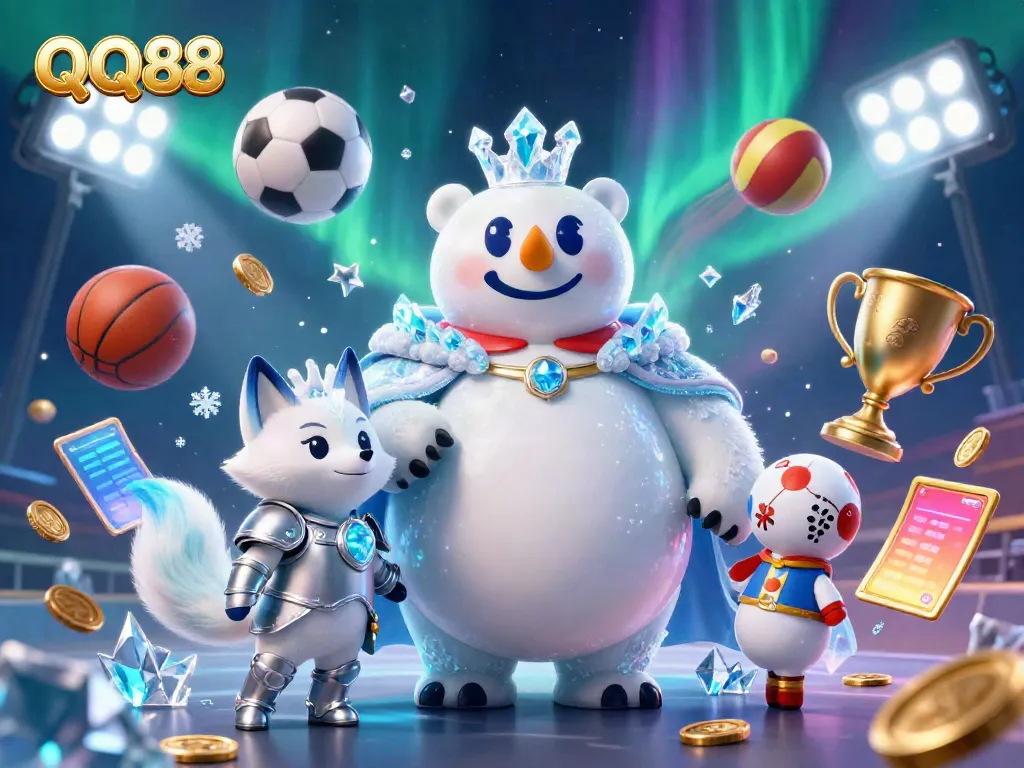 Experience thrilling gaming at QQ88, featuring exciting sports elements and vibrant characters in a dynamic casino scene.