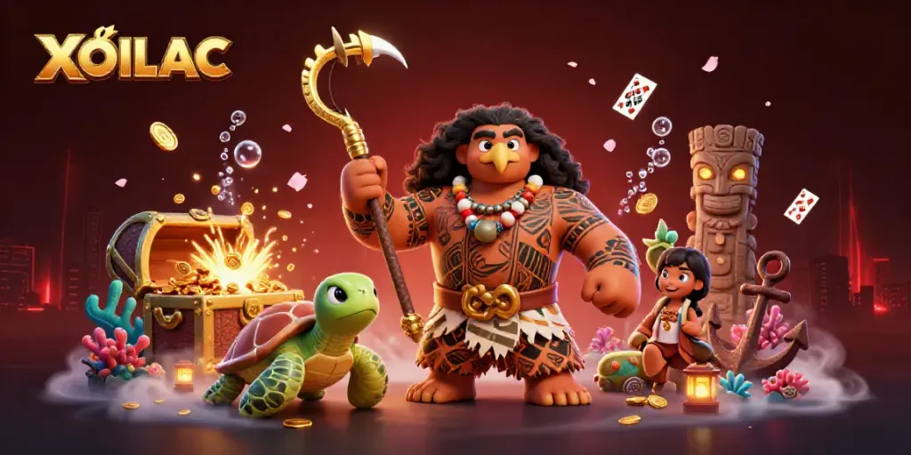 XOILAC showcases a dynamic underwater gambling scene with Polynesian demigod and turtle amidst treasure and cards.