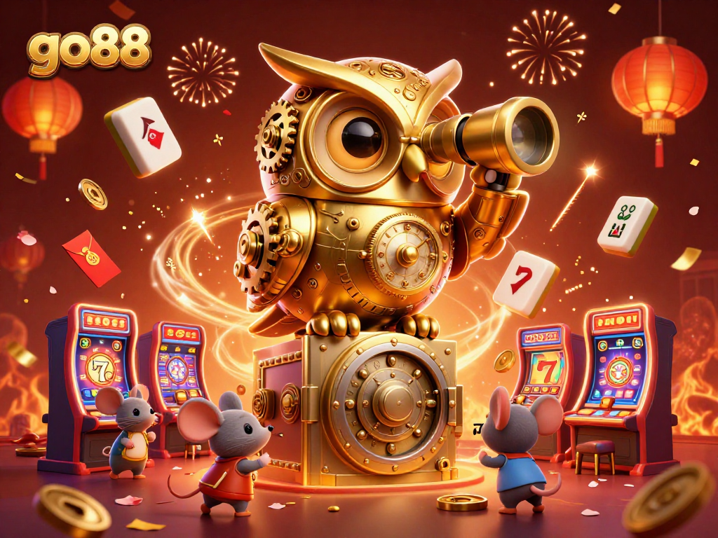 Engage with go88's colorful casino scene featuring a clockwork owl observing lively slot machines.