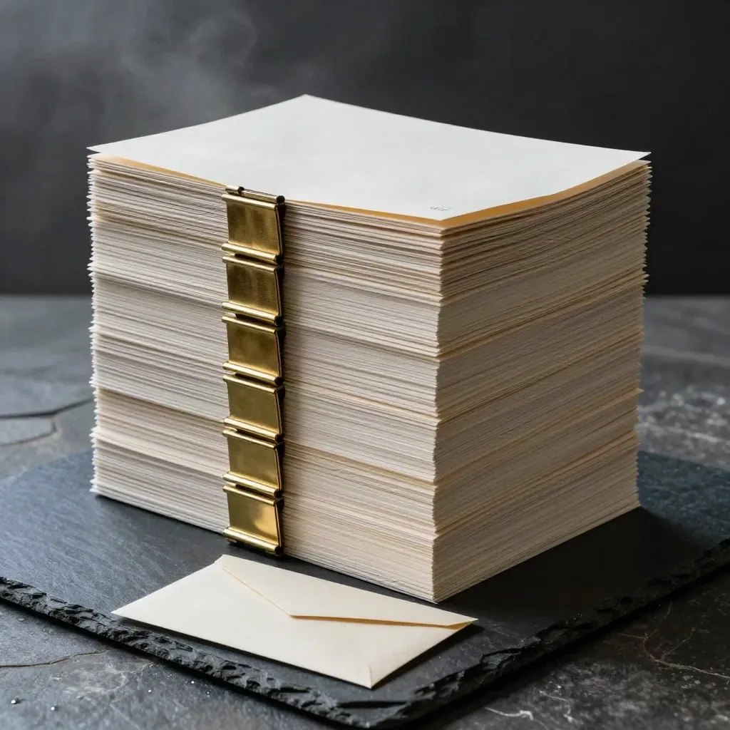 Tall cream folios, paper stacks, brass clips and a sealed envelope on slate in misty blue-grey light.