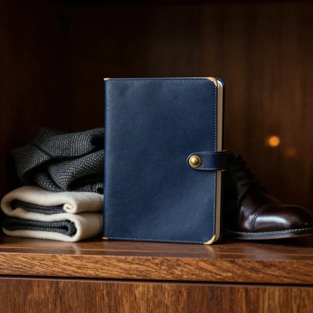 Navy interview folio, wool scarf and leather shoe tree on a walnut shelf in dramatic light