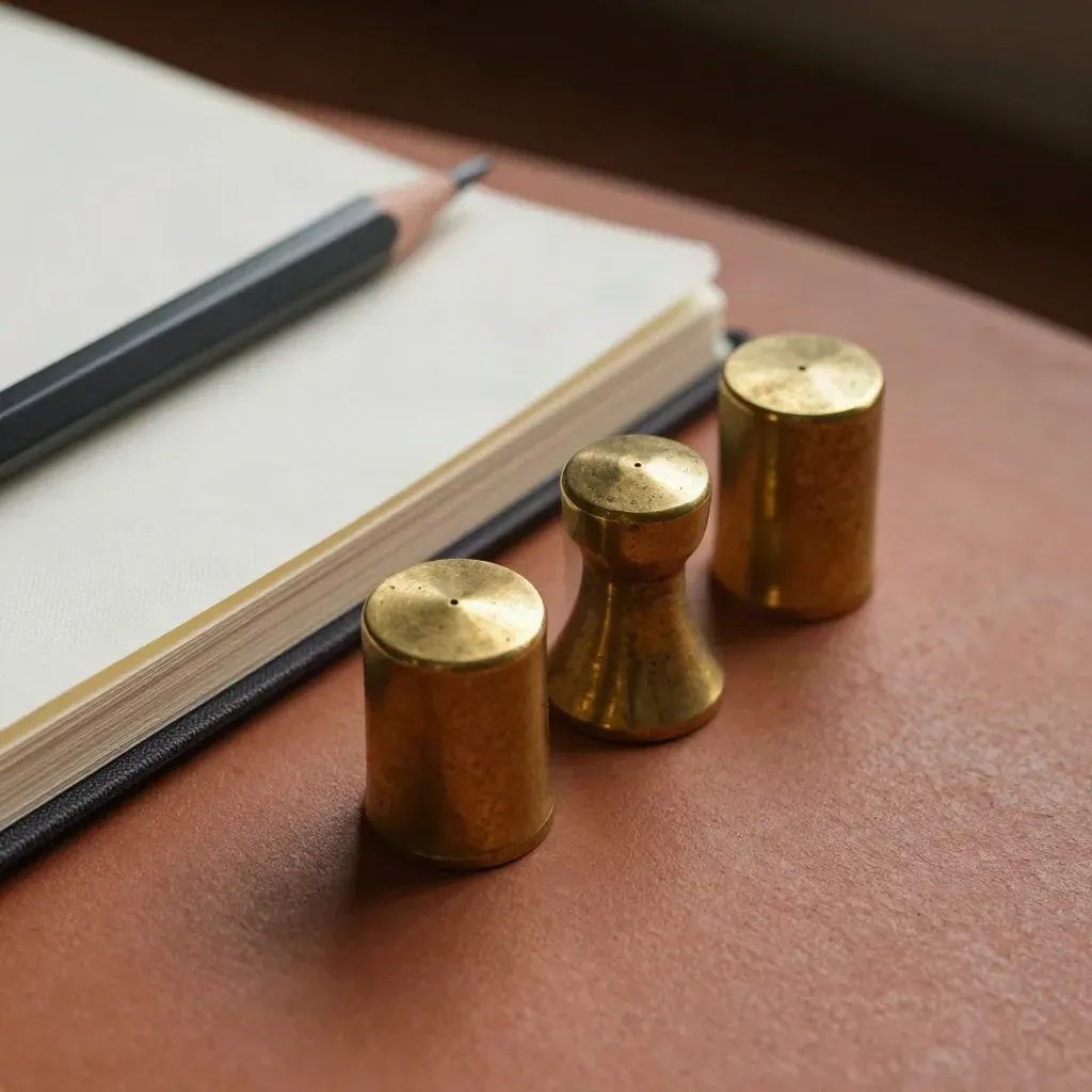 Brass desk weights, closed notebook and pencil on terracotta with soft light