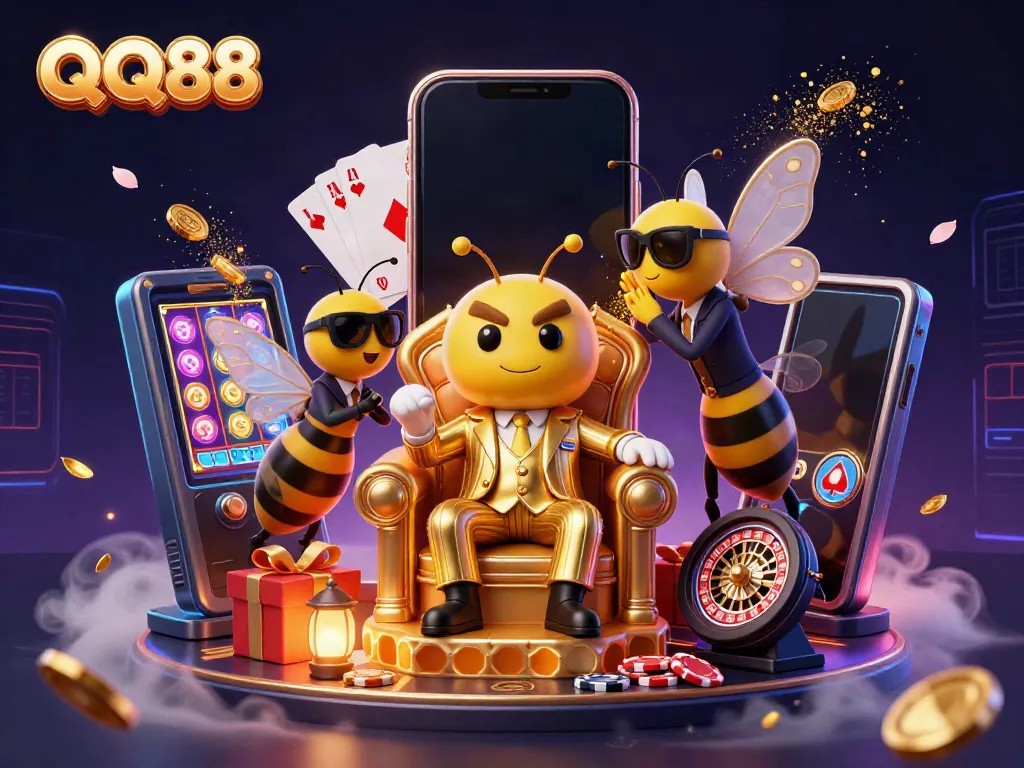 Experience QQ88 with a dynamic casino scene featuring characters and vibrant game elements.