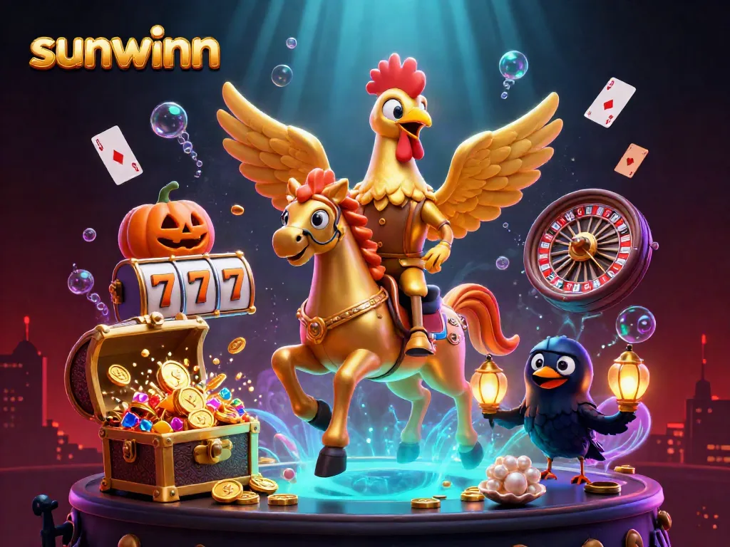 Engage in thrilling games at Sunwinn with this 3D illustration showcasing a golden rooster and friends amidst a vibrant casino environment.