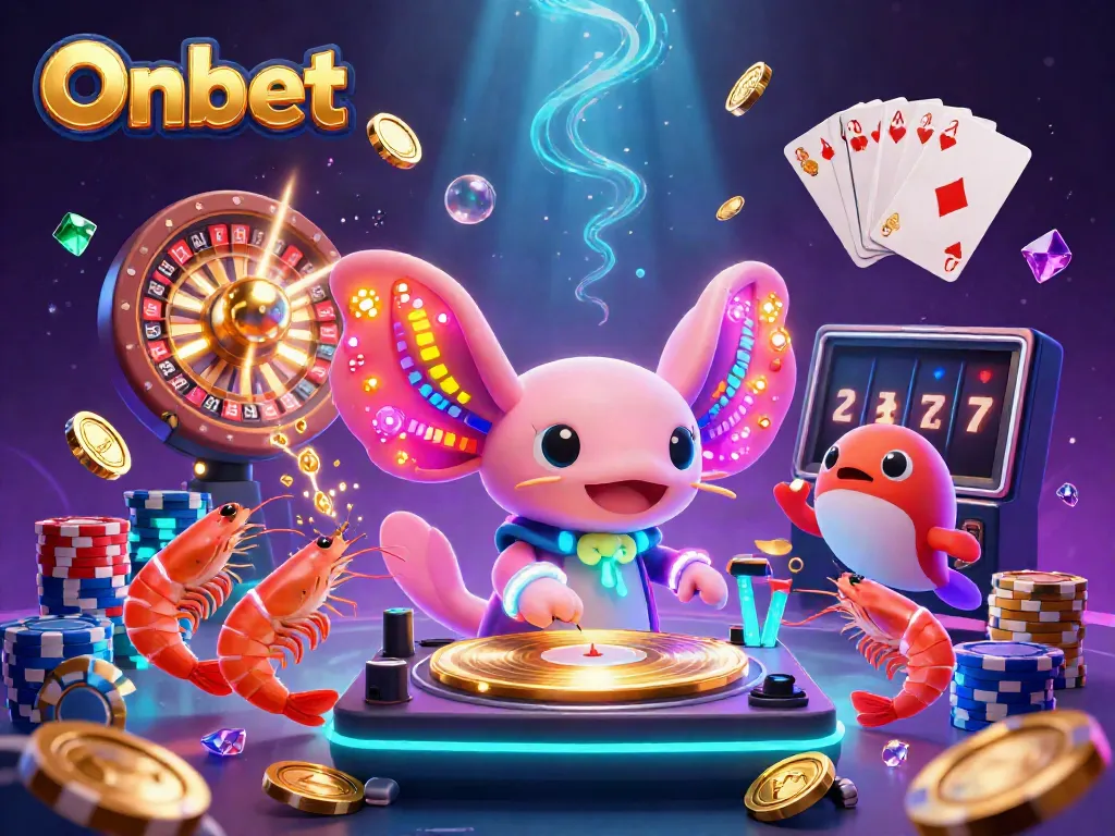 Onbet Casino features a lively underwater scene with a DJ axolotl, surrounded by colorful casino elements.