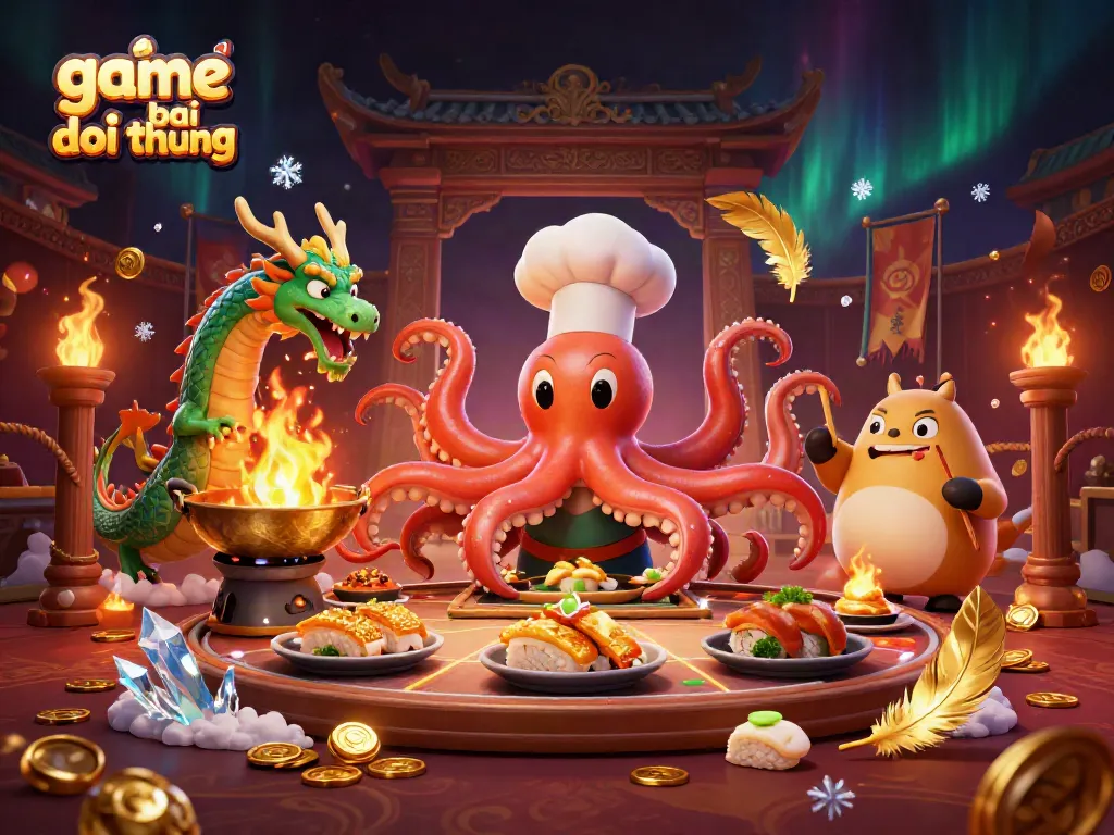 Engaging scene featuring game bai doi thuong elements with characters preparing gourmet dishes amidst a vivid gambling arena.