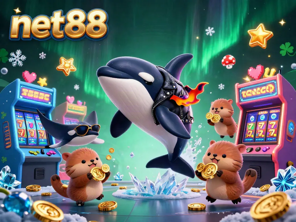 Engage in thrilling games at net88 with our lively illustration featuring a jumping orca and otters holding golden coins.