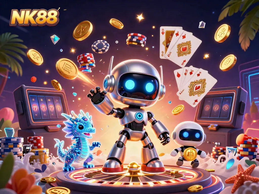 Experience thrilling gaming with vibrant NK88-themed 3D illustration of casino elements and characters.