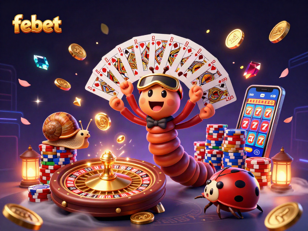 Experience thrilling gameplay at febet with a dynamic cartoon illustration of a casino scene.