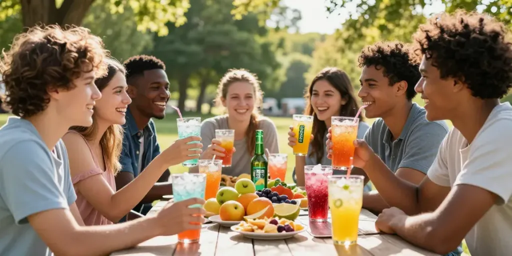 People enjoying ROKOK88 soda at a sunny picnic in the park.
