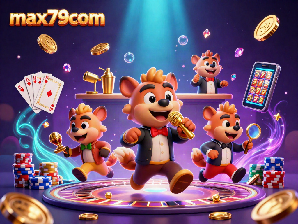 Experience the excitement at max79com with hyenas enjoying the comedy casino scene filled with vibrant gaming elements.