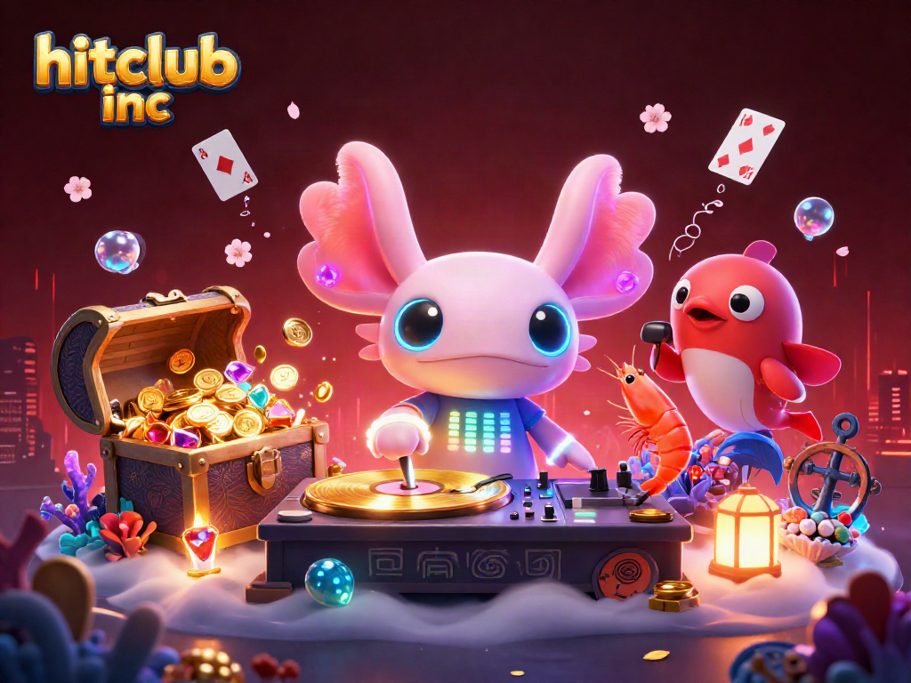 Engage with hitclub inc's immersive underwater fun featuring vibrant axolotl DJ and dancing sea creatures.